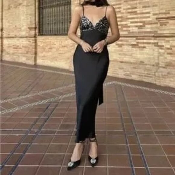 Zara Black Satin Silver Sequin Cami Slip Maxi Dress Party Cocktail Size XS - Picture 7 of 7